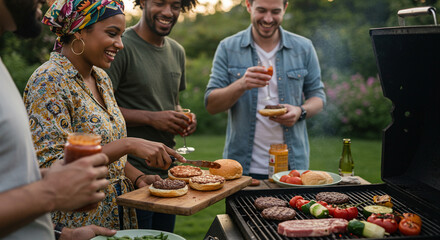 Group of friends laughing while preparing hamburgers at an outdoor barbecue