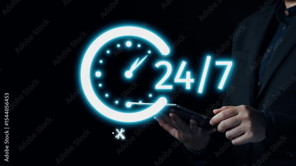 Poster a businessman interacts with a tablet, showcasing the concept of 24 hour service through neon clock 