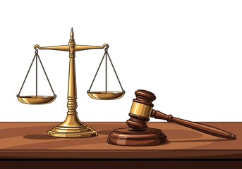 International Day of Justice. flyer, banner, poster. Vector image of scales and gavel of court on white background.