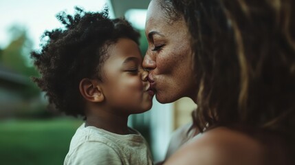Fototapeta premium A touching scene of a mother and child sharing a tender kiss, capturing the essence of love, warmth, and connection in a natural setting, highlighting their bond.