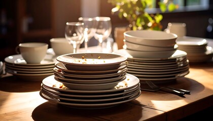 Dirty Dishes on Wooden Table.