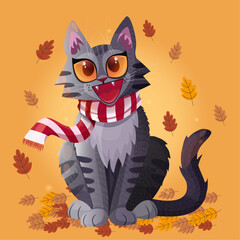 Autumn illustration. Kitten sitting in foliage. Colorful leaves falling on the kitten. Striped scarf. Cat in scarf. Yellow autumn background. Vector cat