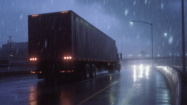 A semi truck driving on a wet road during a heavy rainstorm at night with streetlights visible