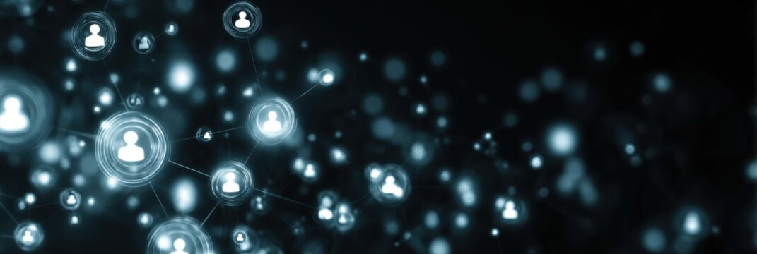 Abstract glowing social network with people icons on a dark background, a digital technology concept of connection and interaction in the online community Generative AI