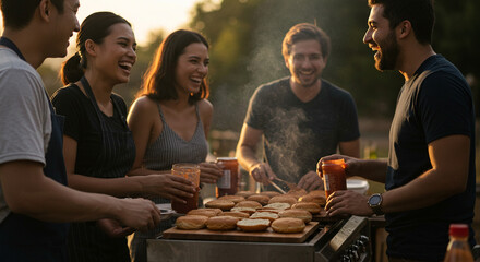 Group of friends laughing while preparing hamburgers at an outdoor barbecue