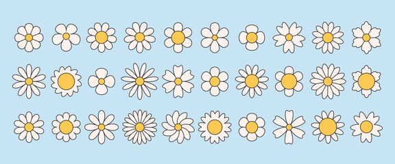 Set of groovy simple flowers. Abstract floral geometric design. Vector illustration in flat style