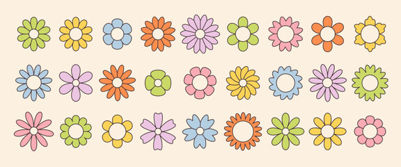 Set of groovy simple flowers. Abstract colorful flowers. Floral geometric design. Vector illustration in flat style