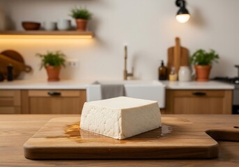 Image of white tofu on a wooden cutting board with a modern kitchen background. Vegetable protein, International tofu day
