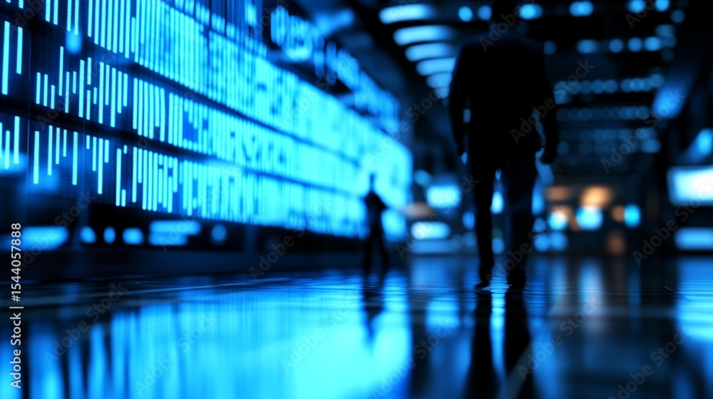 Aufkleber silhouette walking in blue lit corridor with data display and reflective floor surface view