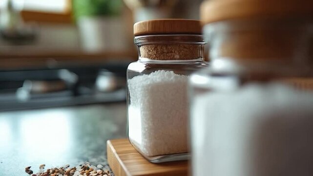 Two square glass jars filled with white powder, sitting on bamboo coasters, on a granite countertop