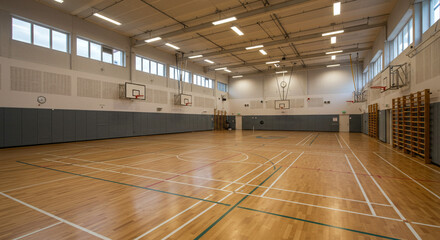 View of a gymnasium with wooden floor basketball hoops wall padding and natural light from windows above