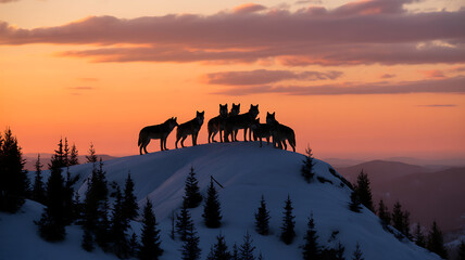 A pack of wolves silhouetted on a snowy hill at sunset in a winter landscape