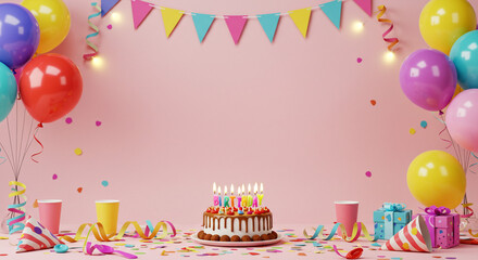 A birthday party setup with cake balloons confetti gifts and party hats on a pink colored background