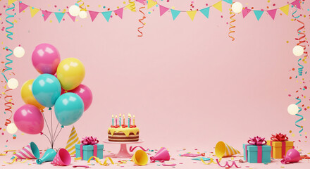 A birthday celebration scene with balloons cake gifts and decorations against a pink background