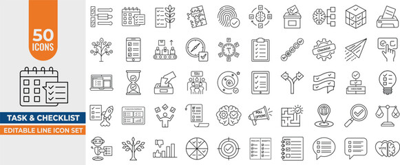 Task & Checklist Icon Pack – 50 Editable Line Icons for Containing checklist, poll, multitasking, decision, voting, checkbox, checkmark and more. Editable stroke. Vector illustration