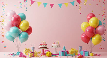 Festive birthday scene with balloons cakes gifts and pennant banner against a pink background space for text
