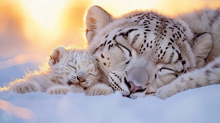 Fototapeta premium Snow leopard mother and cub sleeping peacefully on snow at sunrise — heartwarming wildlife moment with warm golden light
