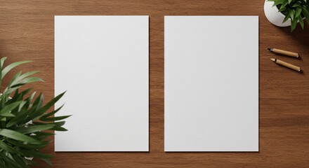 Two blank white papers on a wooden table with a plant and pencils creating a minimalist workspace scene