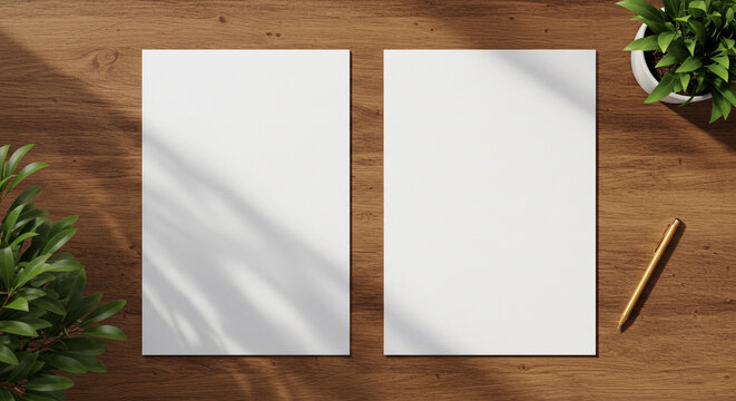 Two blank white papers on a wooden desk with a pen and plants casting shadows in a top down view - Powered by Adobe