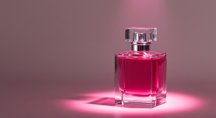 A square perfume bottle with pink liquid and a clear cap on a pink background with a spotlight effect