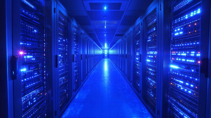 Obraz premium Illuminated server room with rows of servers and blue lighting in a data center facility