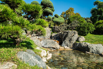 A rock garden with a waterfall and a pond