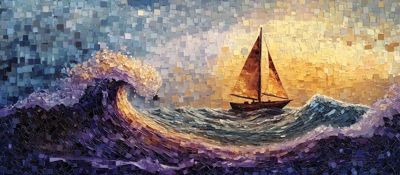Sailboat Wave Ocean Sunset Art.