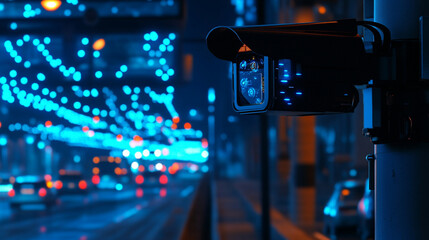 Security camera overlooking a blurred city street at night with car lights and blue bokeh effects