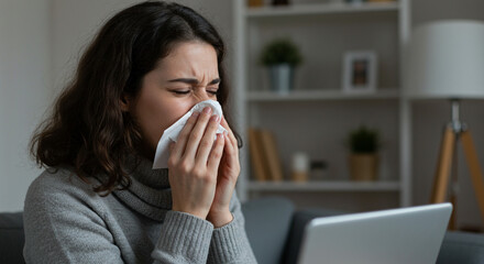 Woman with a cold blowing her nose into a tissue while sitting near a laptop in a living room space