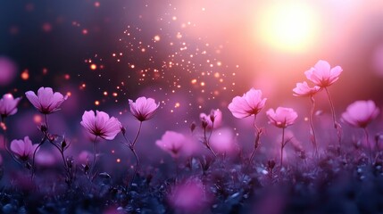 A stunning display of delicate pink flowers illuminated by soft sunlight, creating a dreamy and tranquil atmosphere in a lush natural setting filled with sparkles.