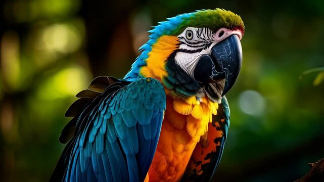 Vibrant parrot perched on a branch in a lush tropical forest with colorful plumage details, close-up bird portrait, bright natural light, detailed feathers.
