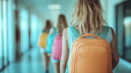 A group of students walking in a bright hallway adorned with their colorful backpacks, representing youthful vibrancy and the excitement of school life and learning.