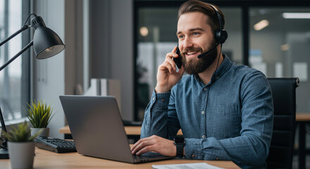 A man with a beard wearing a headset and talking on a cell phone while using a laptop at his desk
