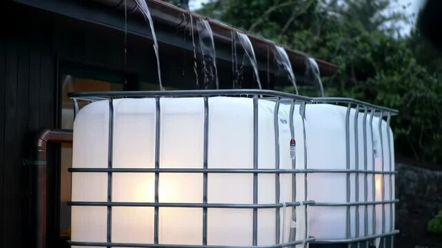 Rain pours from house gutter into two large white storage tanks