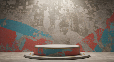 A round podium stands against a textured wall with blue and red paint splashes in a studio setting
