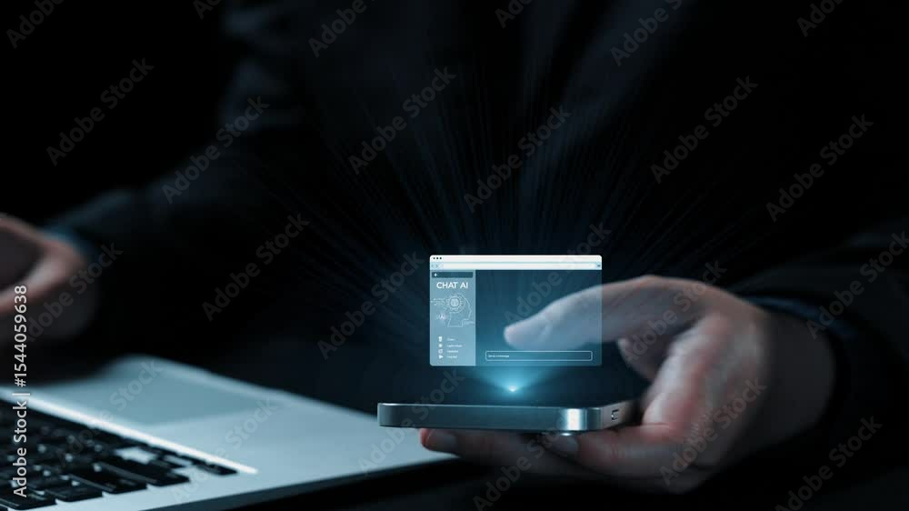Poster a professional engages with chat ai on a smartphone, showcasing modern technology usage in a workspa