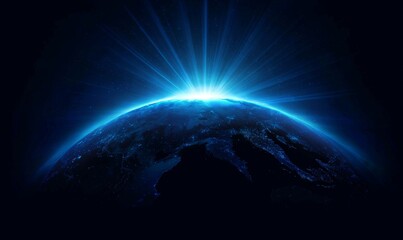 Vibrant blue light illuminates Earth's horizon from space, symbolizing global dawn and the concept of new beginnings. Abstract celestial vision of future potential.