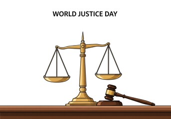 International Day of Justice. flyer, banner, poster. Vector image of scales and gavel of court on...