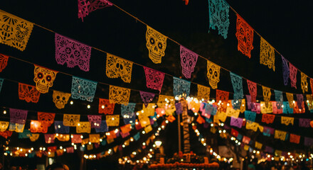 Festive day of the dead celebration with colorful skull banners and string lights at an outdoor event