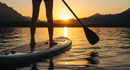 A person paddleboarding on a lake at sunset with mountains in the background and a paddle in the water