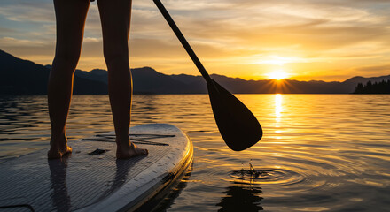 Person paddleboarding on a lake at sunset with mountains in the background and paddle in the water