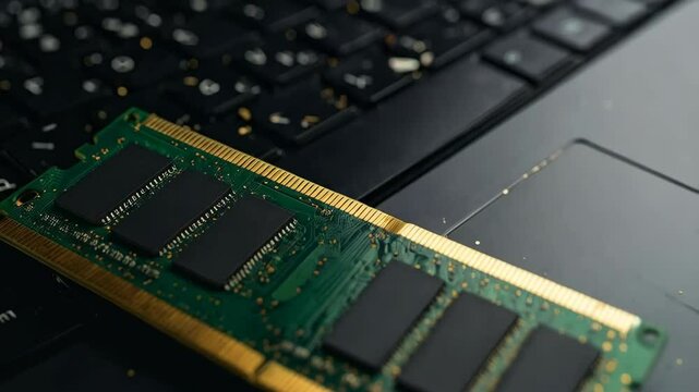 Memory module laying on the surface of a laptop keyboard suggesting technology or computer components.