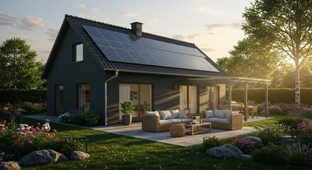 A modern house with solar panels on the roof and a patio with furniture in a beautiful garden area