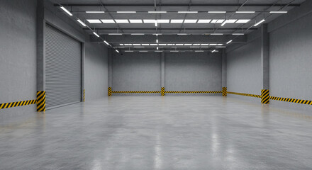A large empty warehouse with a gray floor and walls and a metal door and yellow and black tape lines