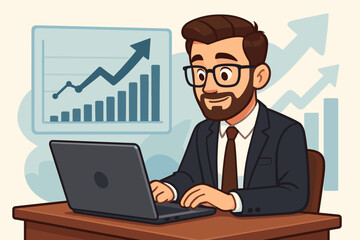 Happy Businessman Analyzing Financial Market Data on Laptop with Growth Graphs. Cartoon Executive Studying Investment Statistics for Business Success and Profit Increase. Positive Economic Trend.