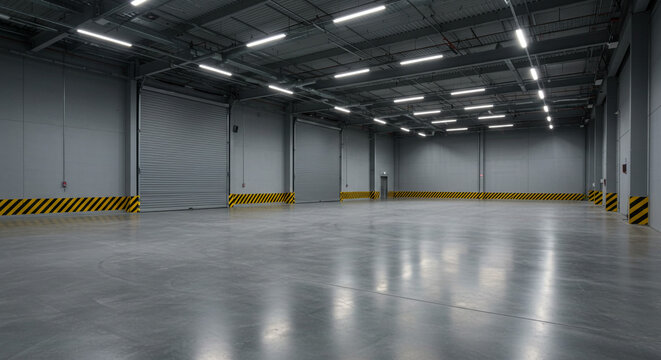 An empty warehouse interior with roller doors and hazard markings on the walls and floor space area