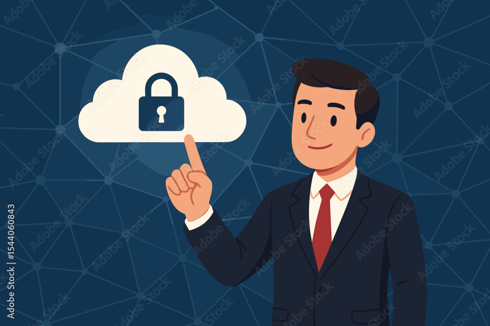Poster businessman touching a cloud with a padlock icon. cybersecurity and data protection concept. secure 