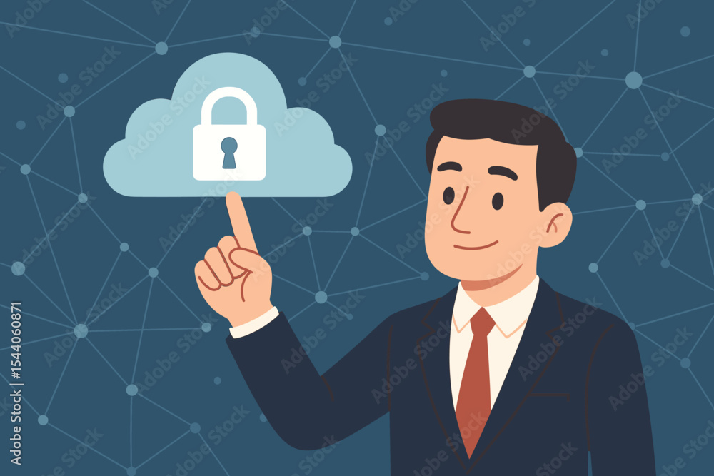 Poster businessman securing cloud data on network connection, digital privacy and cybersecurity concept. in