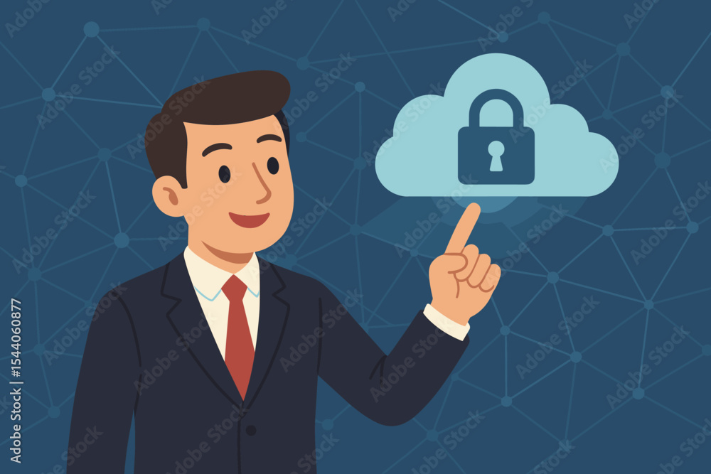 Poster happy businessman pointing at secure cloud computing with padlock icon. network connection backgroun