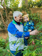 A man and a baby are holding a plant